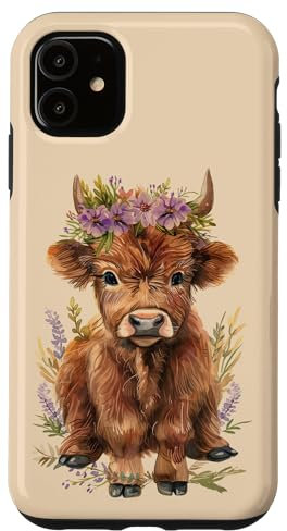 iPhone 11 Cute Highland Cow Purple Flower Water Color Art Farm Animal Case