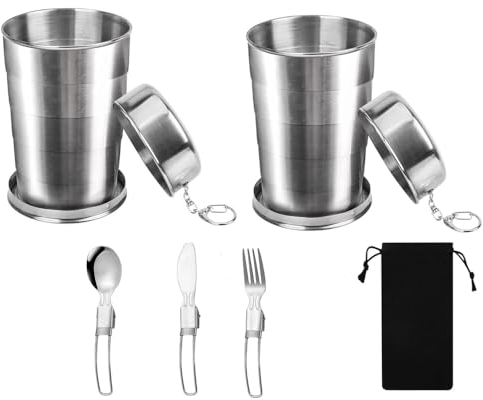 Naisfei 2 bicchieri pieghevoli in acciaio inox, 450 ml, pieghevoli, in acciaio inox, per attività all'aperto e l'uso quotidiano