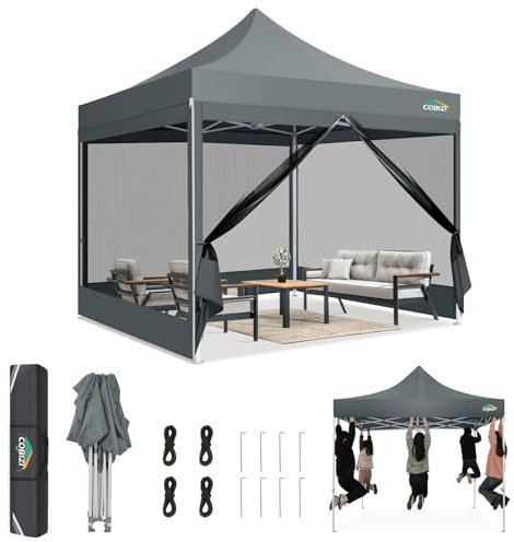 COBIZI Gazebo 3x3 Pieghevole Impermeabile,Gazebo Esterno Resistente con Zanzariera Parete Laterale,Tende per Gazebo,Tendone Padiglione Pop Up per Feste Campeggio con Borsa(3 per 3m Grigio)