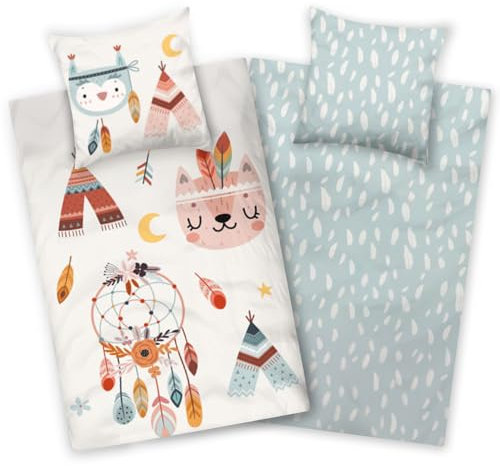 Aminata kids Bettwäsche Indianer 135x200 Mädchen Biber warm, weich & kuschelig mit Reißverschluss - Flanell Baumwolle - Mädchen Jungen - Traumfänger, Federn - Kinder-Motiv weiß blau
