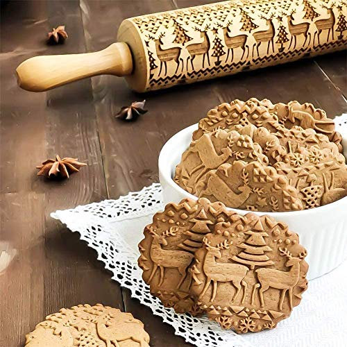 Rouleau à pâtisserie de Noël en bois en forme de renne 3D - Rouleau à pâtisserie à motif de Noël (renne de Noël)