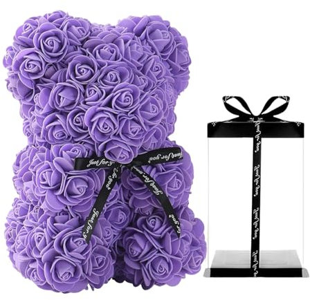 Générique Orso di rosa, rosa fiore orsacchiotto, romantici rosa orsetto con scatola regalo trasparente per San Valentino, compleanno, festa della mamma, compleanno, fidanzata (G- viola)