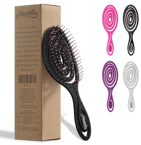 Ninabella Detangling Hair Brush for Women & Men - Does not Pull, Removes Tangles, Brushes for Straight, Curly & Wet Hair - Detangle Brush - Unique Spiral Hairbrush, Black with Pink
