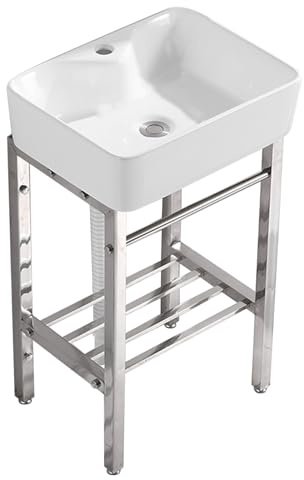 Lavandino di servizio in ceramica, lavandino in ceramica, lavandino di servizio, vasca per lavanderia, lavabo in porcellana rettangolare con gambe in metallo, ripiano portaoggetti per lavabo per fatto