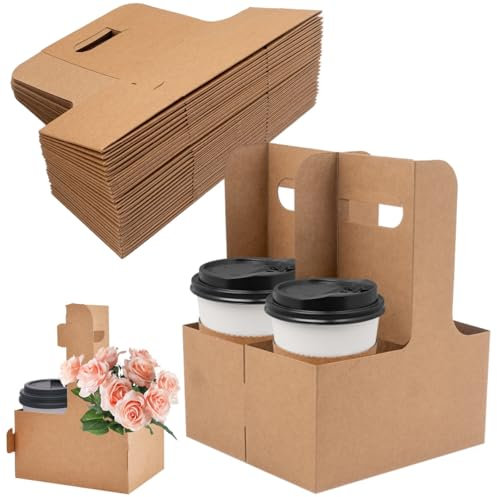 100 Pack 2 Cup Drink Carrier with Handle, To Go Coffee Cup Carrier, Disposable Kraft Paperboard Cup Holder, Portable Handled Cup Carriers for Cold/Hot Drinks, Cafe Restaurant Food Service Delivery
