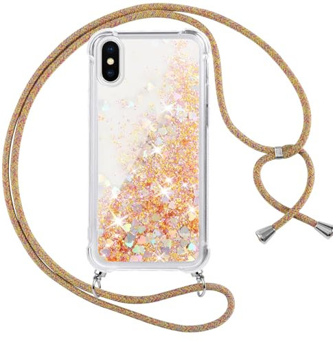 Vauki handyband für iPhone XS/X Hülle mit Band, Silikon Durchsichtig Transparent Flüssig Glitzer mit Kette Kordel Bumper Treibsand Necklace TPU Schutzhülle Case für iPhone XS, Gold