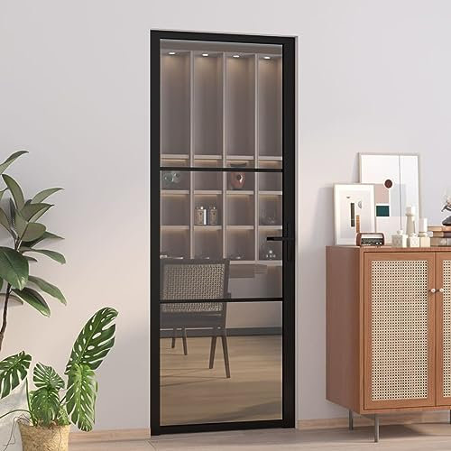IKAYAA Porta Interna in Vetro Porta da Interni Battente Porta Vetro per Bagno Cucina Studio in Vetro e Alluminio-Nero e Trasparente scuro-76 x 201.5 cm-Tipo 2