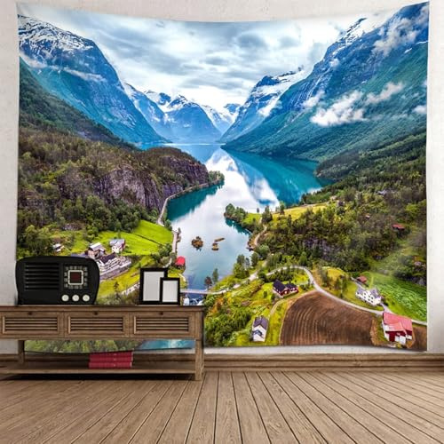 Wycian Wandteppich XXL Natur Wandteppich Blau XXL Grün Dorfsee und Berglandschaft Mikrofaser 350X256cm (Breite x Höhe)