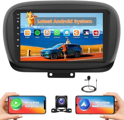 Hikity 2G+64G Android 15 Radio Coche para Fiat 500X 2014-2020 con Pantalla Táctil de 9 Pulgadas, Radio 2 DIN con Carplay inalámbrico Android Auto Radio FM/RDS BT GPS WiFi + Cámara Trasera + Mic