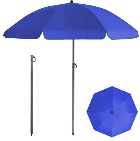 HOMEDEMO Sonnenschirm Strandschirm, Ø 140 cm Gartenschirm Marktschirm, Terrassenschirm mit Bodenhülse & Drehstange & Schutzhülle, Blau rund UV50+ Schutz Sonnenschutzschirm
