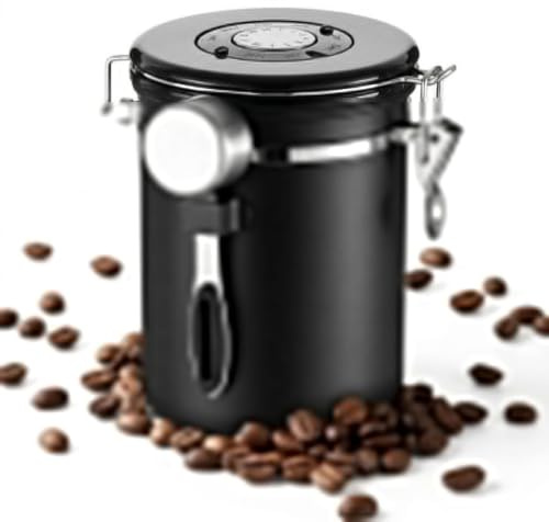 Ruikcoll Coffee Bean Storage,Coffee Storage Container,1.8L,Black | It features a vent, a date recorder, and a spoon, making it ideal for storing coffee beans, nuts, tea leaves,cocoa powder