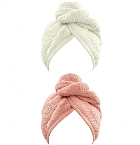 kaiyaya 2 Stück Mikrofaser-Haartuch Haarturban mit Knopf langes und Dickes Haar Schnellhut Turban Trocknung mit Knopfdesign für Bad Spa PoolFarben (Weiß + Rosa)