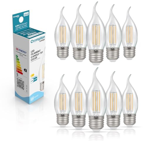 Crompton Lamps Bent-Tip Candle LED Light Bulb ES-E27 | 4.2W = 40W Equivalent | Warm White 2700K | Flame Tip | Edison Screw Lightbulb | Long Life 15,000-Hrs | Clear Glass | 10-Pack