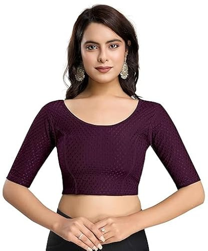 Accessorize Kingdom Women's Dobby Pure Cotton Elastin Stretchable Readymade Round Neck Elbow Length Sleeves Blouse Choli Stylish Saree Blouse (Purple, 32-36)