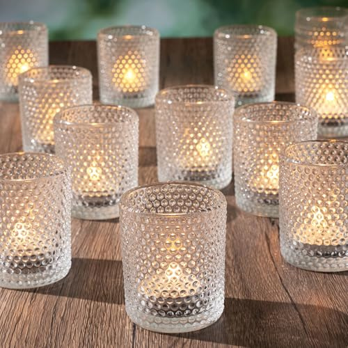 Romcanmy Photophore Verre, Lot de 12 Transparent Photophore Bougie AVCE Motif à Pois en Relief, Élégants Bougeoir Verre pour Bougie Chauffe Plat, Décoration Centre de Table Mariage Fête Dîner