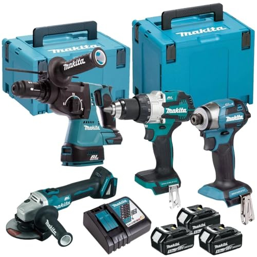 Makita DLX4195JX1 18V LXT Cordless 4 Piece Tool Kit with 3 x 5Ah Batteries, Charger & Cases