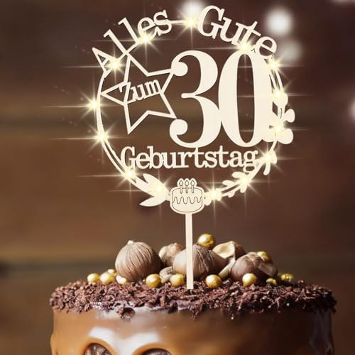 ENLACE Holz Tortendeko 30 Geburtstag Männer, LED Kuchen Deko 30 Geburtstag Frau, Happy 30th Birthday Cake Topper Geburtstagsdeko 30 Jahre Mann, Geschenk 30 Geburtstagdeko, 30 Tortenstecker 1996 Jahre