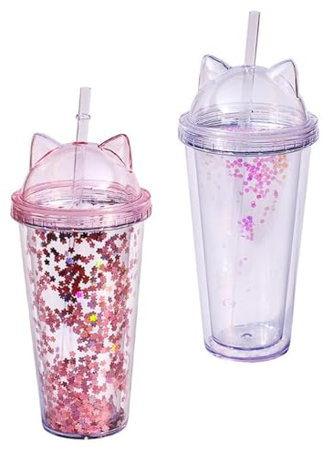 Water Bottle with Straw Glitter Water Cup Double Layer Cup Drinking with Cat Ear for Girl 2PCS 400-500ml Transparent for Kitchen