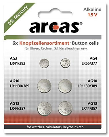 Arcas 127 50600 - Alkaline Knopfzellen Sortiment, 6 teilig, 1x AG3, 1x AG4, 2x AG10, 2x AG13, lange Haltbarkeit, ideal für Uhren, Taschenrechner, Spielzeug und Schlüsselleuchten