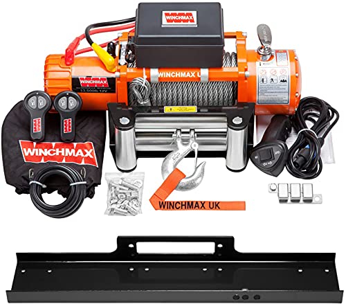 Winchmax 13500 lb / 6123 kg Verricello 12v Arancione Originale. Fune Metallica da 26 m x 9,5 mm. Gancio a Cerniera da 3/8 di Pollice. Piastra di Montaggio pianale.