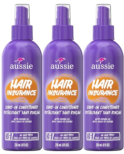 Aussie Hair Insurance Leave-In Conditioner Spray: Moisturizing Frizz Control & Detangler with Jojoba Oil (8 Fl Oz Each, 3-Pack)