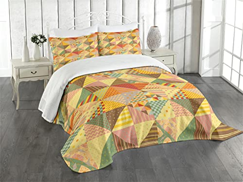 ABAKUHAUS Patchwork Tagesdecke Set, Bunte Dreieck Patches, Set mit Kissenbezügen Waschbar, für Einselbetten 170 x 220 cm, Mehrfarbig Blasses Kamel