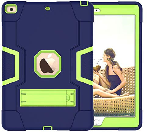 QYiD Custodia per iPad 10.2 / 7th Generation Hybrid Heavy Duty Defender Antiurto Protective con Stand per Apple iPad 10.2 (2019) / A2200 / A2198 / A2232 (NavyBlu+Olivine)