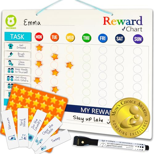 QUOKKA Reward Chart For Children Behaviour - 30.5 x 40.6 cm Magnetic Chores Chart For Kids - Dry and Erase Routine and Responsibility - Use 84 Magnets & 102 Stars - From Toddlers to Teens