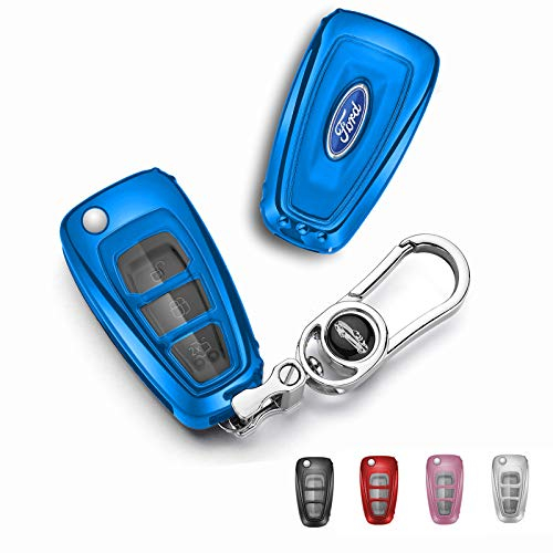 Coque de protection pour clé de voiture Ford, TPU avec porte-clés, compatible avec Ford Fiesta, Focus, Kuga, Mondeo, etc. Bleu