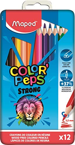 Maped - Pinturas de Madera - Lápices de Colores Strong - 12 Pinturas con Presentación en Caja Metálica - Diseño Lúdico - Mina Resistente - Dimensiones Compactas