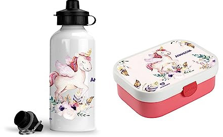 wolga-kreativ Set personalisierte Mepal Campus Lunchdose Kinder und Wasserflasche Frühstücksset für Mädchen Einhorn mit Fächern und Unterteilungen Brotdose für Schule und Kindergarten