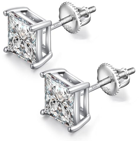 Square Stud Earrings Screw Back Men Diamond Earrings CZ Diamond Stud Earrings for Men Princess Cut Earrings Cubic Zirconia Earrings Silver Square Earrings for Women Sterling Silver Men Earrings 7MM
