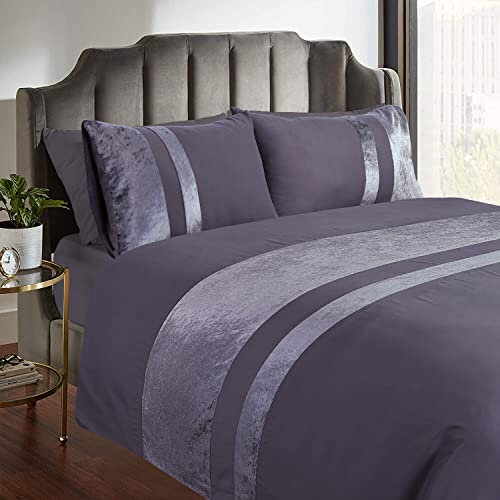 Casabella Luxury Crushed Velvet Panel Band Duvet Cover Sets with Pillow Case Double Duvet cover Bedding Set – Grey Crush Velvet Double Duvet Cover Sets