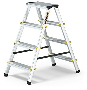 DRABEST Trittleiter Klapptritt Alu Leiter 2 x 4 Stufen Beidseitig Mehrzweckleiter TÜV Zertifiziert Stufenleiter bis 150 kg Belastbar
