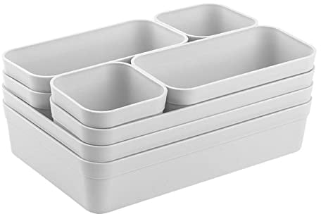 Engelland - Schubladen-Organizer Set, 8-teilig, Farbe: Hellgrau, universell verstellbar, Aufbewahrungs-Box, Einteiler, Trenn-System, Utensilien, Stauraum, Wohn-Badezimmer, Kunststoff, BPA-frei