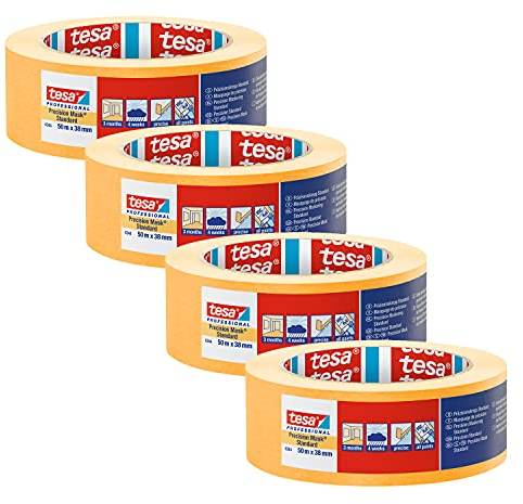 tesa Precision Masking Tape 4344 Standard, Confezione da 4, Nastro per mascheratura professionale con supporto in carta sottile, per mascheratura e copertura precise, arancione, 50 m x 38 mm cad
