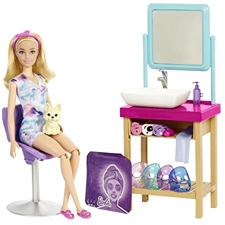 Barbie Self-Care Series, Sparkle Mask Spa Day, Puppe mit blonden Haaren, Welpe, 7 Spa-Masken, 15+ Teile, Accessoires, Geschenke für Kinder ab 3 Jahren,HCM82