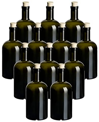 gouveo 12er Set Glasflasche 500 ml (0,5 l) Glasflasche 500 ml Klassik Antik mit Korken Spitzkorken, dunkelgrün, rund, leere Flaschen zum Befüllen für Likör, Öl & Essig, Deko (KFA500SK)