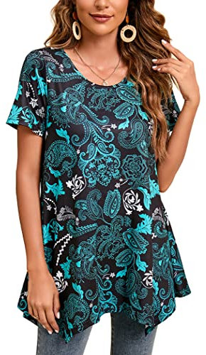 Enmain Tunic Tops for Women UK Short Sleveve Ladies Tunic Dress Casual Plus Size Long Tunics Shirts for Leggings Longline Loose Blouse T Shirt,Turquoise,XXL