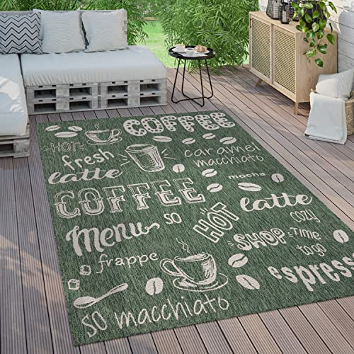 Paco Home Outdoor Teppich Wetterfest Wohnzimmer Balkon Küchenteppich Modernes Muster Mit Schriftzug, Grösse:80x250 cm, Farbe:Grün