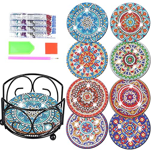 5D Diamant Painting Untersetzer mit Halter, Glasuntersetzer Ist Geeignet Für Gläser Weingläser Keramik Getränke,Deko esstisch,8er Set DIY Diamond Art Painting Basteln Erwachsene Mandala Boho
