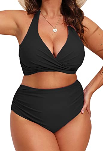 Joligiao Damen Bikini Set Triangel Tiefem V Ausschnitt Bauchweg Groß Größe Badeanzug Neckholder Bikini Oberteil High Waist Push Up Bademode Plus Size Badeanzug(Schwarz,XXL)