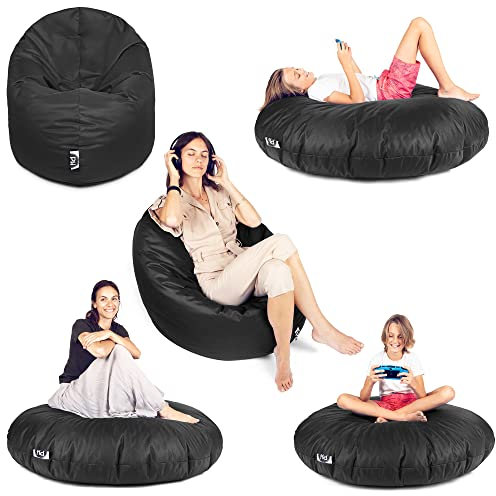 PATCH HOME Sitzsack 2 in 1 Sitzkissen Bodenkissen für Erwachsene & Kinder - Gaming mit Füllung Kissen Sessel BeanBag (Schwarz, Ø 155cm)