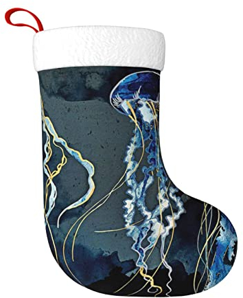 TRESILA Personalisierbarer Weihnachtsstrumpf Nikolausstrümpfe, Geschenktüten, Süßigkeitenbeutel, Weihnachtsbaum-Hängende für Weihnachten, Feiertagsparty – blaue und goldene Quallen