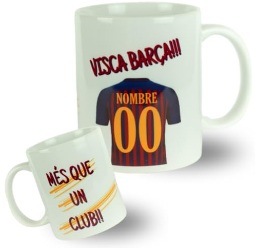 Taza personalizada de equipos de futbol - Regalos originales - Regalos futbol - Camiseta equipos de futbol - Personaliza tu taza con tu nombre y tu numero - Regalos niños (Barcelona)