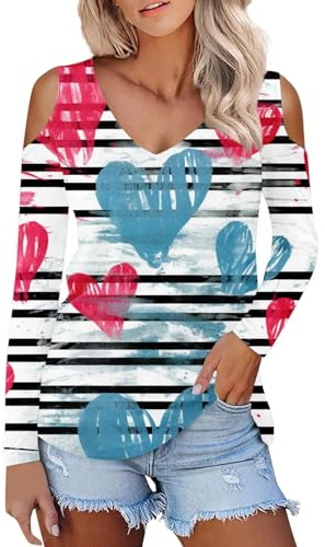 Norweger Pullover Damen Weihnachtspullover Gym Shirt Weihnachten Geschenke Valentinstag 3D Druck V Ausschnitt Kalte Schulter Langarm T-Shirt Lässige Tunika Strick (Blue, M)