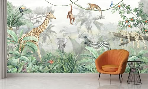 Audace Liberté Animal Jungle Soie 400×280 cm Papier Peint Panoramique Peint À La Main 3D Salon Chambre Salle à Manger Chambre d'Enfant Décoration Murale - singe, éléphant, léopard