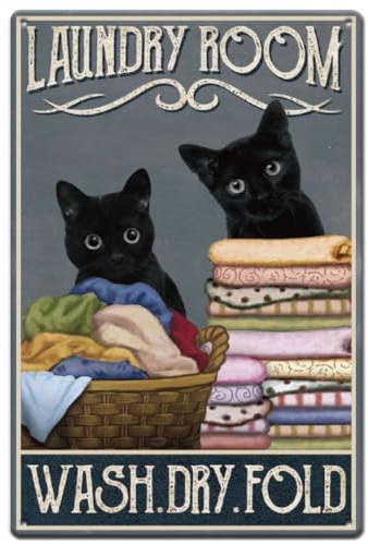 SUPERDANT Metall Blechschild Schwarze Katze Vintage Deko Waschküche Wäsche Trockenfach Retro Metallposter Landhauskunst Schild Büro Heim Retro Deko Bauernhaus Lustige Waschraumdekoration Geschenk