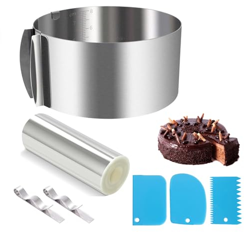 Cercle à Patisserie Reglable Ø 16-30cm,Hauteur 15cm,avec Collier à Gâteau Transparent 5m,Cercle à Gâteau Extensible en Acier Inoxydable,Cercle Gateau Extensible pour Mousse Tartes Dessert Fraisier