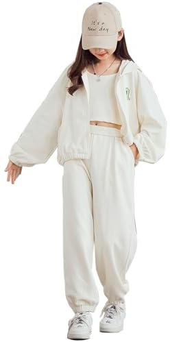 linboo Survêtement 3 pièces pour fille (veste de survêtement + pantalon de sport + haut court) - Tenue hip hop pour enfants et filles, Blanc., 146-152